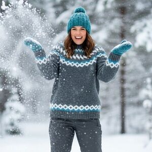 Handmade Icelandic/Lopapeysa Style Wool Sweater (Large) Grey Teal Chunky Knit